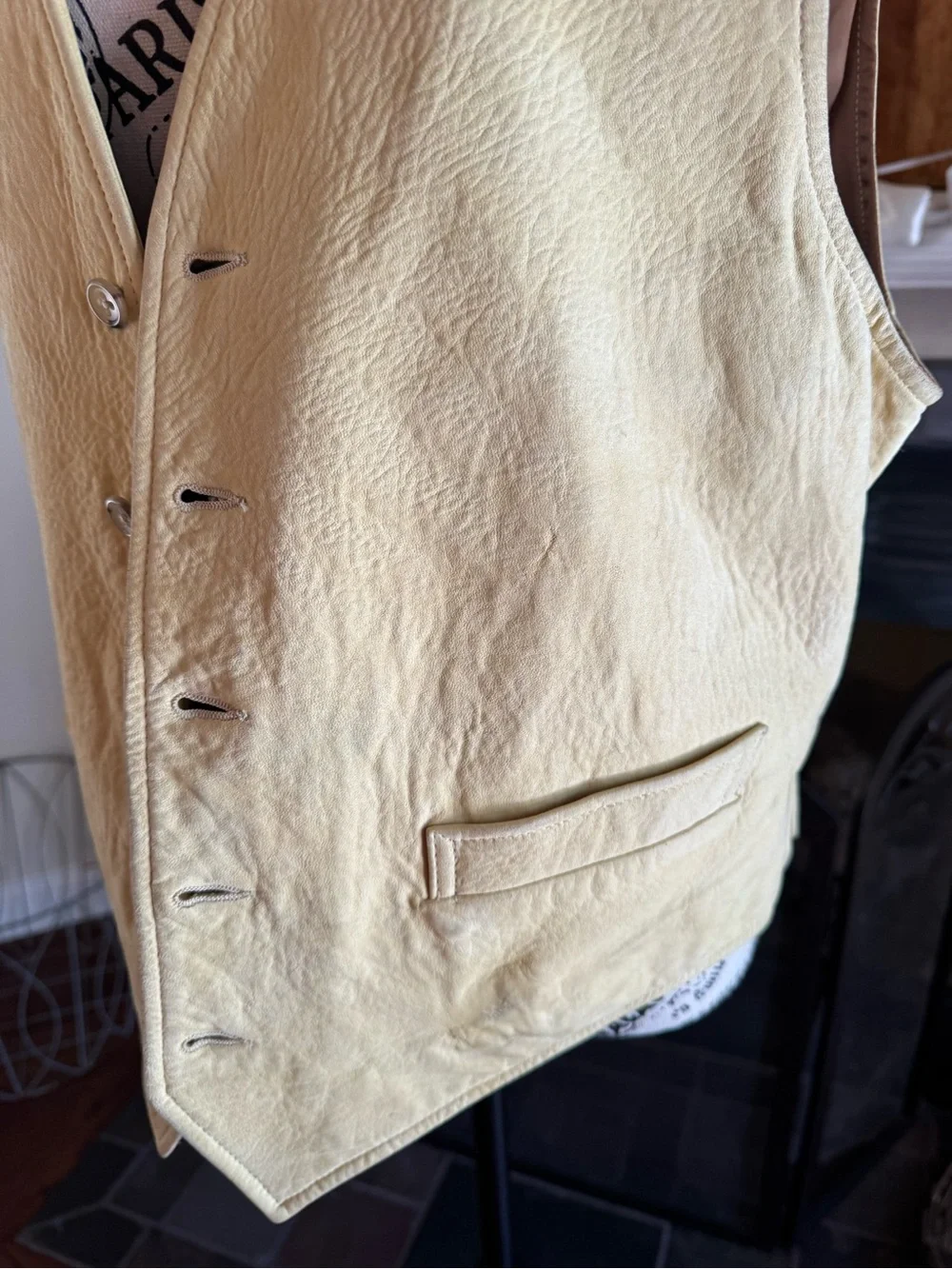 90s Vintage Banana Republic Yellow Leather Safari Vest Brown Satin Lining Small